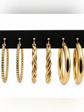 💎 3 Pair Gold Tone Hoop Earrings Set Textured Twisted Chunky Statement NWOT